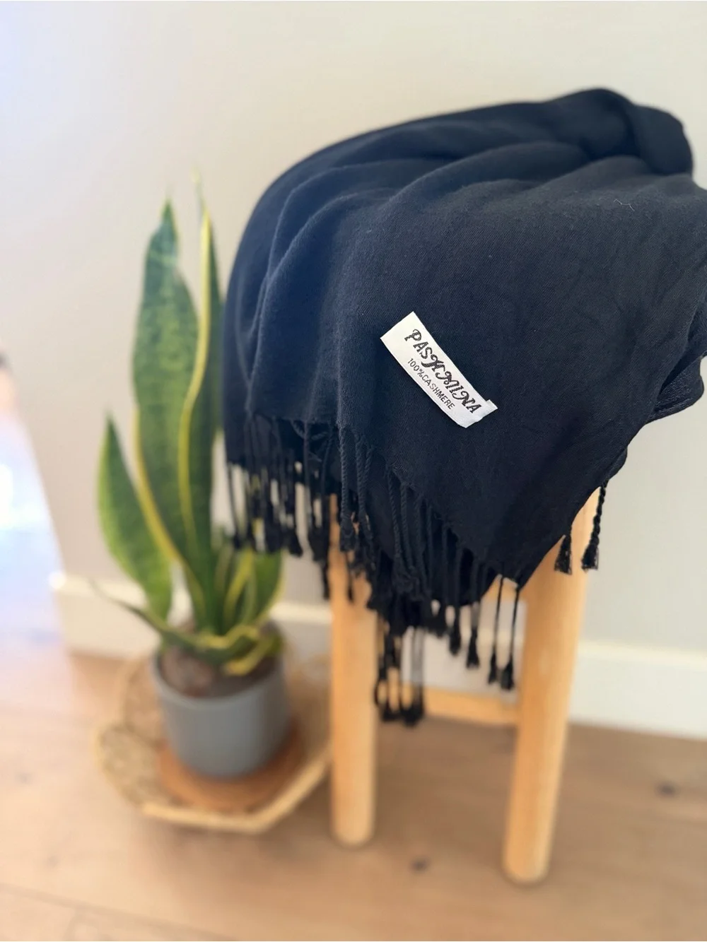 100% Cashmere Pashmina Black Luxe Fringe Scarf, 68x26